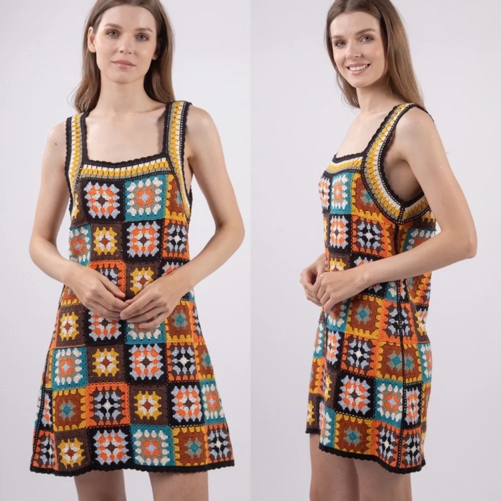 *24 HOUR SALE* Living In A Dream Granny Square Crochet Mini Dress - Picture 1 of 5